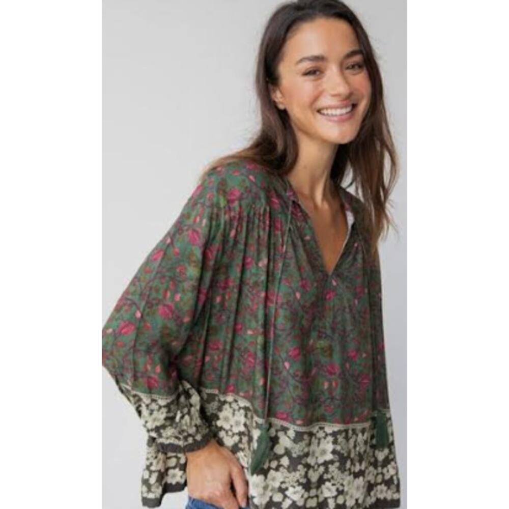 Natural Life Womens Dara Tunic Sz XS Floral Tasseled Smocked Cuffs Boho Cottage